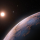 Artist’s impression of the newly discovered candidate planet in orbit around Proxima Centauri, with Alpha Centauri A and B in the background.